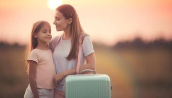 mor och dotter omfamning i natur skönhet genererad förbi ai foto