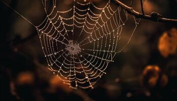 Spindel webb glittrar i daggig höst skog genererad förbi ai foto