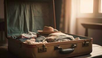 bekväm läder resväska på elegant hotell säng genererad förbi ai foto