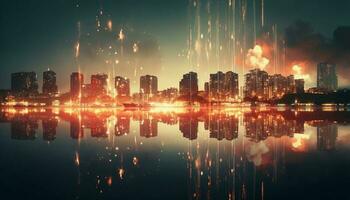 lysande stad horisont speglar på vid vatten på skymning genererad förbi ai foto