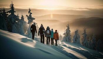 män och kvinnor vandring i snöig skog genererad förbi ai foto