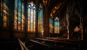 majestätisk gotik kapell med färgade glas fönster genererad förbi ai foto