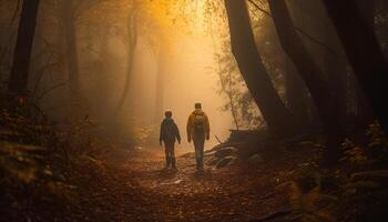 vandring par åtnjuter lugn höst skog äventyr genererad förbi ai foto