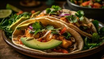 färsk guacamole och nötkött taco på flatbread genererad förbi ai foto