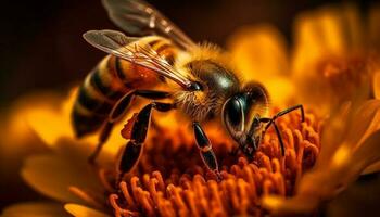 upptagen honung bi samlar pollen från blomma genererad förbi ai foto