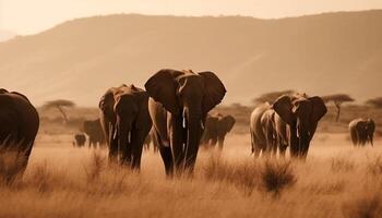 afrikansk elefant besättning betning i sepia tonad savann genererad förbi ai foto