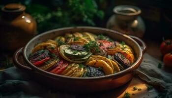 färsk vegetarian måltid kokta på rustik trä tabell genererad förbi ai foto