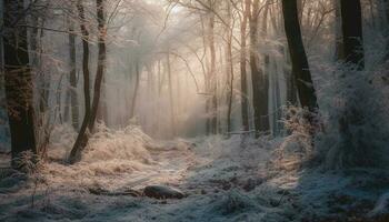lugn skog väg, vinter- skönhet avslöjade genererad förbi ai foto