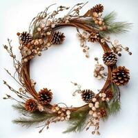 jul krans cirkel tillverkad av små grenar och festlig ornament. ai foto