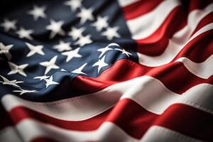 realistisk av de vinka amerikan flagga med intressant textur. vinka av nationell USA flagga. amerikan flagga bakgrund design för oberoende dag och Övrig firande. flagga av USA förbi ai genererad foto