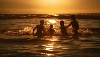 familj åtnjuter sorglös sommar roligt på de strand genererad förbi ai foto