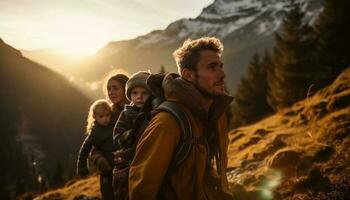 familj vandring i de berg, njuter natur genererad förbi ai foto