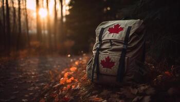 backpacker vandring genom höst skog, njuter natur skönhet genererad förbi ai foto