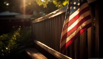 frihet lyser genom rustik amerikan flagga staket genererad förbi ai foto