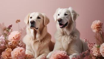 gyllene retriever valp Sammanträde, ser på blomma genererad förbi ai foto