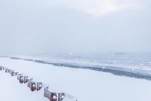 snöig strand med hav foto