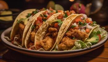 nyligen grillad nötkött taco med guacamole och Koriander genererad förbi ai foto