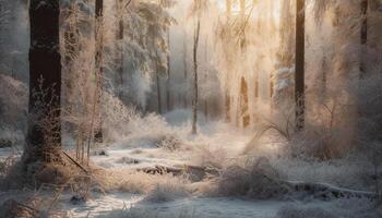 lugn scen av vinter- skog i snö genererad förbi ai foto