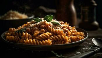 nyligen kokta pasta med tomat och parmesan ost genererad förbi ai foto