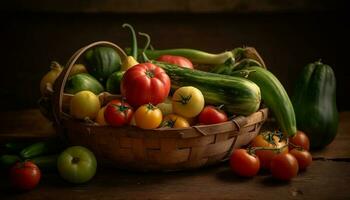friska äter färsk organisk grönsaker i rustik korg genererad förbi ai foto