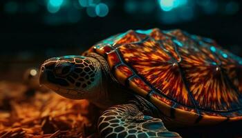 långsam krypande sköldpadda, mång färgad skal i natur genererad förbi ai foto