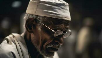 senior afrikansk man i turban utseende allvarlig genererad förbi ai foto