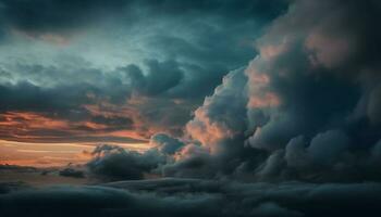 dramatisk himmel över lugn scen på skymning genererad förbi ai foto