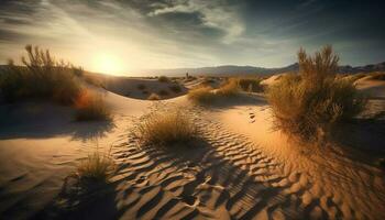 solnedgång över krusigt sand sanddyner, lugn skönhet genererad förbi ai foto