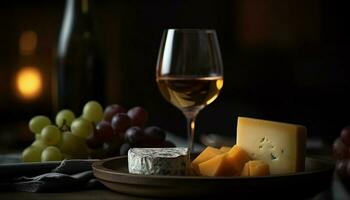 gourmet ost tallrik med vin och frukt genererad förbi ai foto