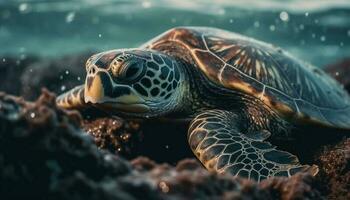 tropisk hav sköldpadda simning i korall rev genererad förbi ai foto