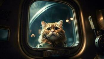 söt kattunge Sammanträde i bil fönster, ser ut genererad förbi ai foto