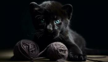 fluffig kattunge spelar med färgrik leksak boll genererad förbi ai foto