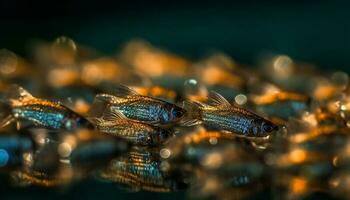 små grupp av mång färgad fisk under vattnet genererad förbi ai foto