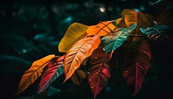 vibrerande höst blad mönster på defocused skog bakgrund genererad förbi ai foto