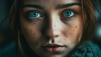 ung kvinna sorg reflekterad i blå ögon genererad förbi ai foto