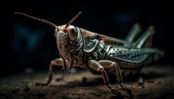 läskigt grön gräshoppa klo greppar blad tätt genererad förbi ai foto