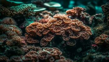 färgrik vatten- djur simma i vibrerande korall rev genererad förbi ai foto