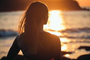 kvinna mediterar förbi de hav ai genererad foto