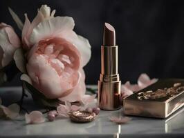 underbar rosa läppstift med blommig bakgrund. generativ ai foto