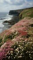 strandlinje täckt i rosa blommor förbi de hav. generaitve ai foto