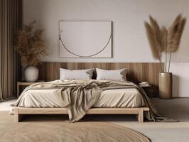 ljus beige trä- sovrum, minimal modern stil. generativ ai foto