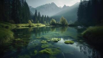 skön naturskön landskap med bergen i Europa. generativ ai. foto