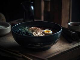 varm utsökt japansk Ramen spaghetti med ägg. generativ ai foto