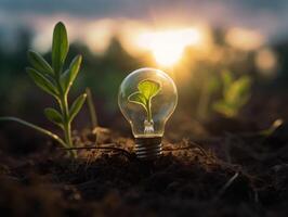 träd växande på ljus Glödlampa med solsken i natur. sparande energi och eco begrepp. generativ ai foto