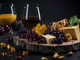 hantverkare ost tallrikar med vindruvor och nötter. generativ ai foto