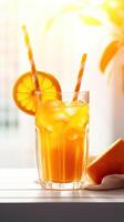 glas av hemlagad orange juice med skivad frukter. generativ ai foto
