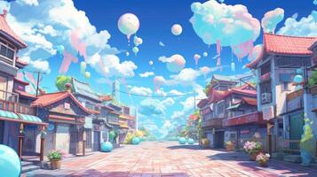 skön illustration av ett anime-stil bakgrund med pastell färger, ai genererad foto