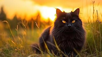 skön långhårig svart katt i en äng, ai genererad foto