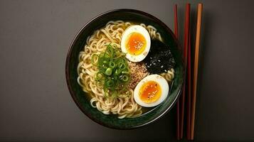 traditionell japansk Ramen spaghetti med en smaksatt ägg och inte jag heller, ai genererad foto