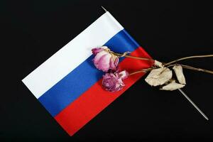en små flagga av ryssland och två torkades blommor. bakgrund foto